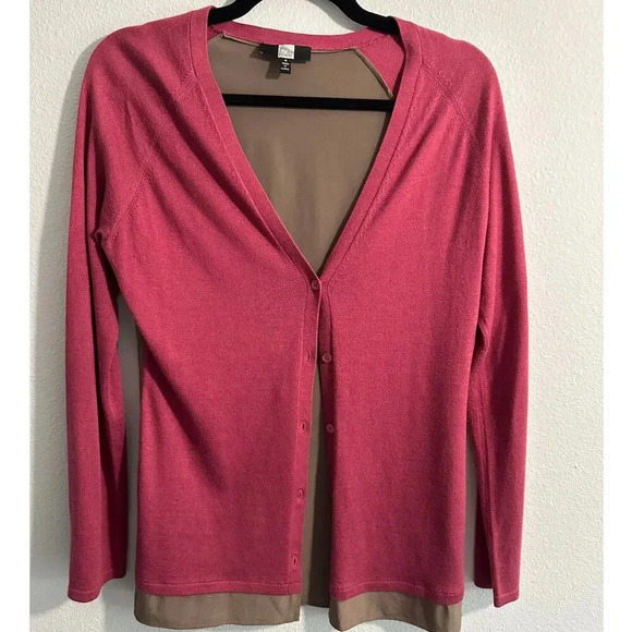 Saks Fifth Avenue Cashmere and Silk Cardigan Rose Pink and Brown Sweater Size M - Picture 1 of 8